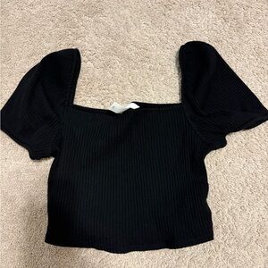 H&M Black Ribbed Puff Sleeve Blouse